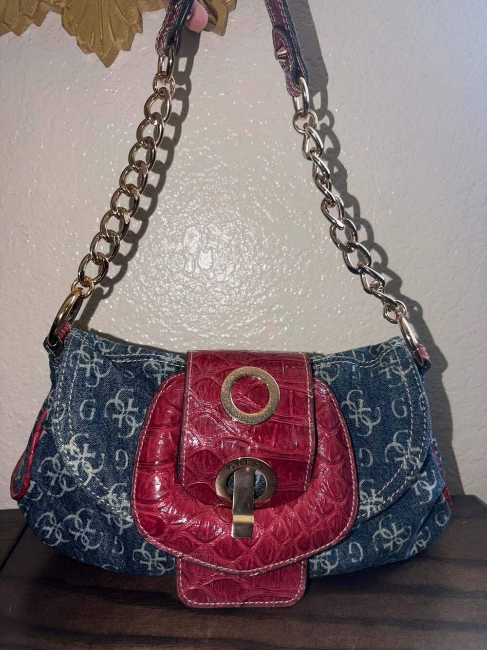 Vintage Guess Y2K Denim Monogram Shoulder Bag with Red Faux Snakeskin Detail